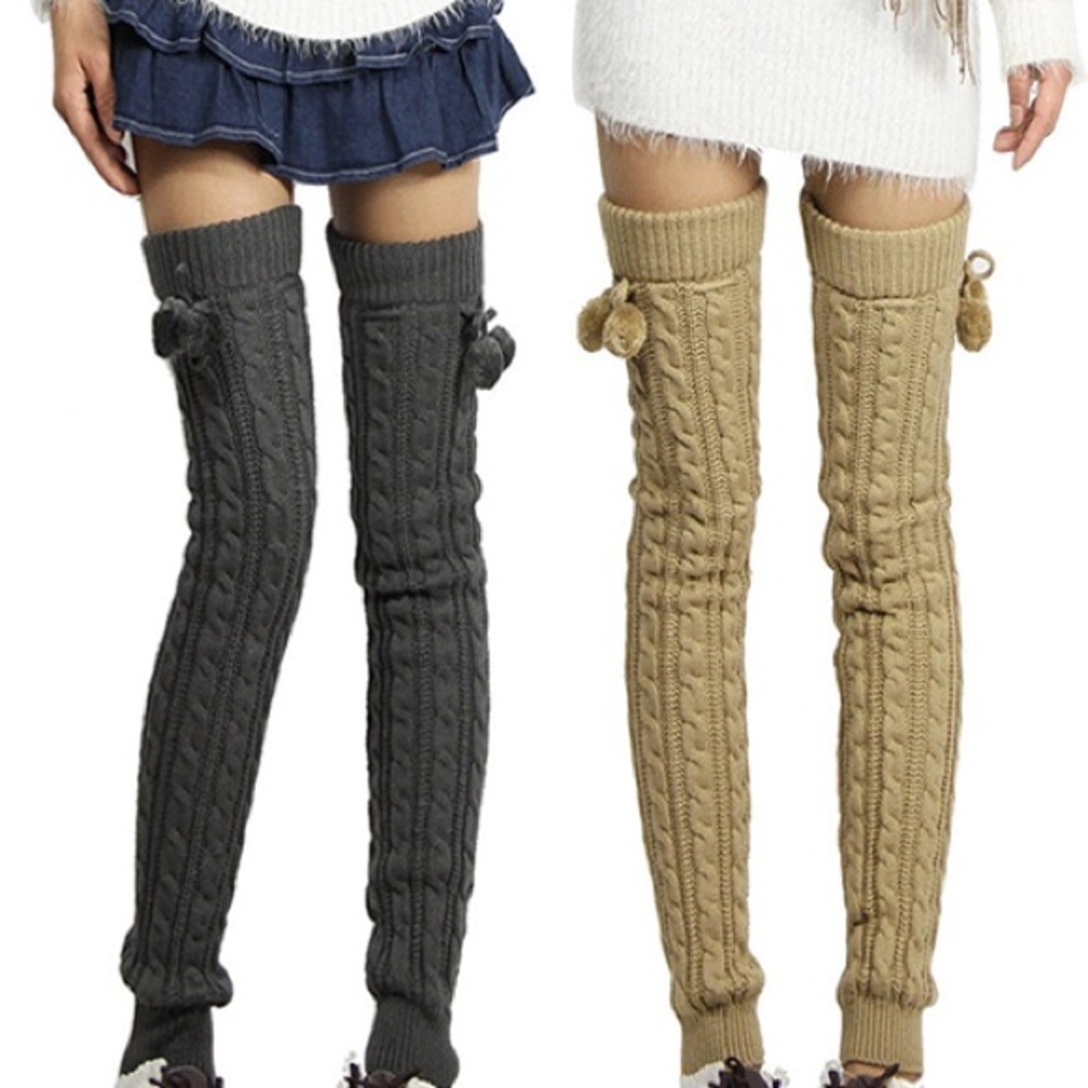 Knit Thigh High Leg Warmers with Pom Poms - Picture 6 of 8